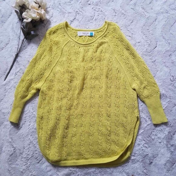 Anthro Sparrow 100% Cotton Yellow 3/4 Sleeve Cable Knit Crew Neck Sweater Sz XS - Picture 2 of 10